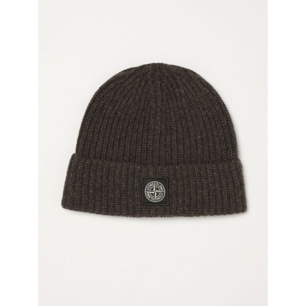 Stone Island Men Ribbed Virgin Wool Beanie Hat Stone Island With Compass Logo